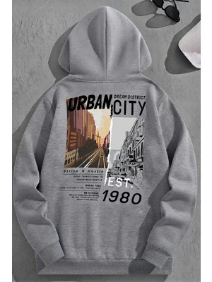 Kozz Style Unisex 3 Iplik Pamuklu Gri URBANCITY1980 Baskı Bol Kalıp Sweatshirt Hoodie