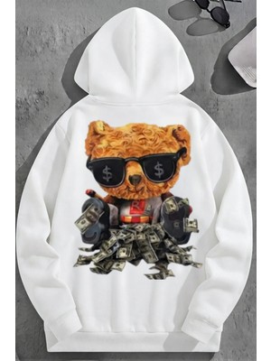 Kozz Style Unisex 3 Iplik Pamuklu Beyaz Richbear Baskı Bol Kalıp Sweatshirt Hoodie