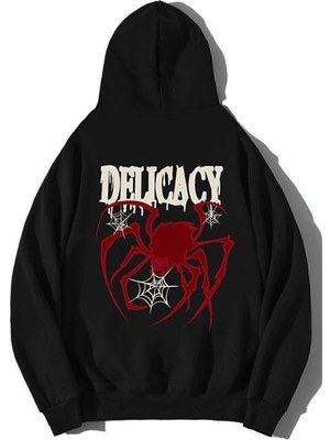 Kozz Style Unisex 3 Iplik Pamuklu Siyah Delicacy Baskı Bol Kalıp Sweatshirt Hoodie