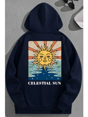 Kozz Style Unisex 3 Iplik Pamuklu Lacivert Celestialsun Baskı Bol Kalıp Sweatshirt Hoodie