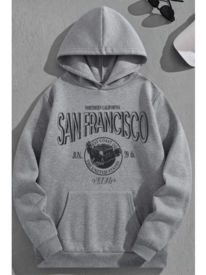 Kozz Style Unisex 3 Iplik Pamuklu Gri Sanfrancisco Baskı Bol Kalıp Sweatshirt Hoodie