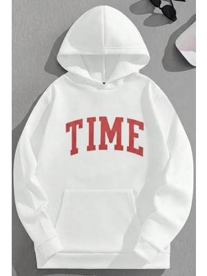 Kozz Style Unisex 3 Iplik Pamuklu Beyaz Tıme Baskı Bol Kalıp Sweatshirt Hoodie