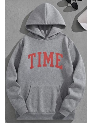Kozz Style Unisex 3 Iplik Pamuklu Gri Tıme Baskı Bol Kalıp Sweatshirt Hoodie