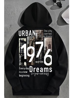 Kozz Style Unisex 3 Iplik Pamuklu Siyah URBAN1976 Baskı Bol Kalıp Sweatshirt Hoodie