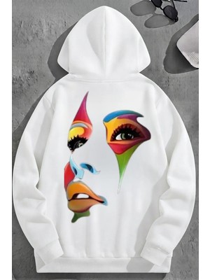 Kozz Style Unisex 3 Iplik Pamuklu Beyaz Renkliyüz Baskı Bol Kalıp Sweatshirt Hoodie
