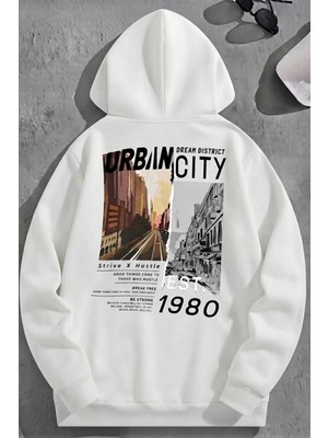 Kozz Style Unisex 3 Iplik Pamuklu Beyaz URBANCITY1980 Baskı Bol Kalıp Sweatshirt Hoodie