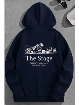 Kozz Style Unisex 3 Iplik Pamuklu Lacivert Bol Kalıp The Stage Baskı Sweatshirt Hoodie