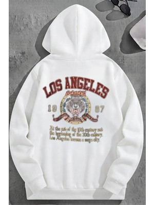 Kozz Style Unisex 3 Iplik Pamuklu Beyaz LOSANGELES1987 Baskı Bol Kalıp Sweatshirt Hoodie