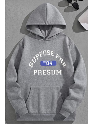 Kozz Style Unisex 3 Iplik Pamuklu Gri Suppose Baskı Bol Kalıp Sweatshirt Hoodie