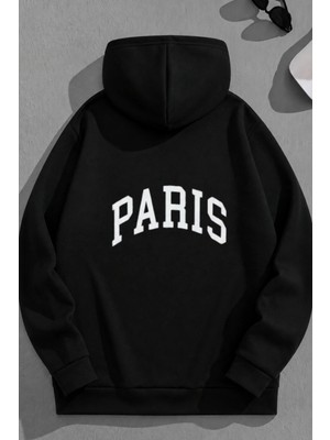 Kozz Style Unisex 3 Iplik Pamuklu Siyah Bol Kalıp Kavis Paris Baskı Sweatshirt Hoodie