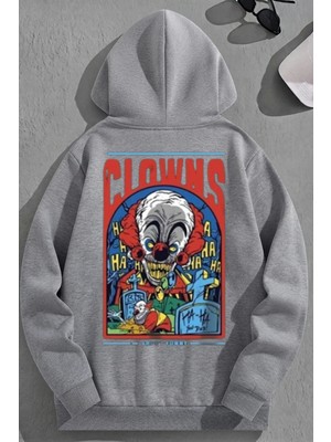 Kozz Style Unisex 3 Iplik Pamuklu Gri Clowns Baskı Bol Kalıp Sweatshirt Hoodie