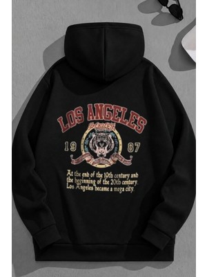 Kozz Style Unisex 3 Iplik Pamuklu Siyah LOSANGELES1987 Baskı Bol Kalıp Sweatshirt Hoodie