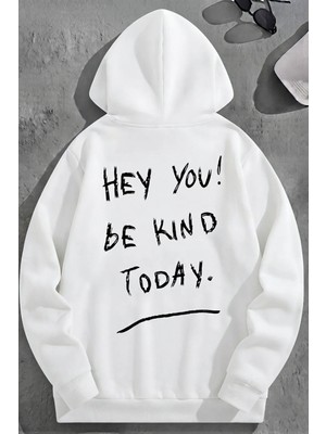 Kozz Style Unisex 3 Iplik Pamuklu Beyaz Bol Kalıp Hey You! Baskı Sweatshirt Hoodie