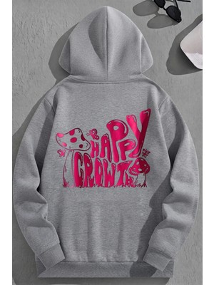 Kozz Style Unisex 3 Iplik Pamuklu Gri Happycrowt Baskı Bol Kalıp Sweatshirt Hoodie
