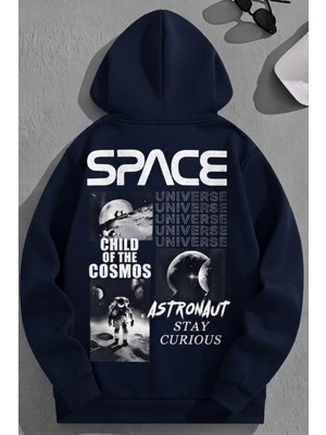 Kozz Style Unisex 3 Iplik Pamuklu Lacivert Bol Kalıp Space Universe Baskı Sweatshirt Hoodie