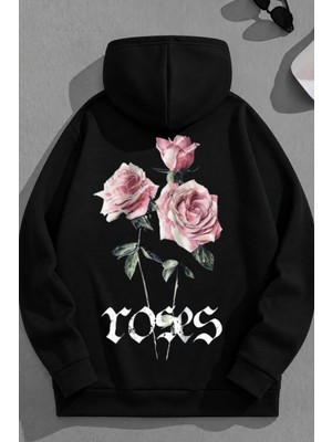 Kozz Style Unisex 3 Iplik Pamuklu Siyah Roses Baskı Bol Kalıp Sweatshirt Hoodie