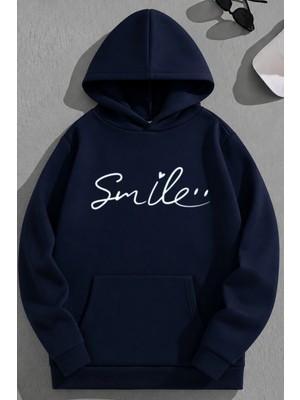 Kozz Style Unisex 3 Iplik Pamuklu Lacivert Smile Baskı Bol Kalıp Sweatshirt Hoodie