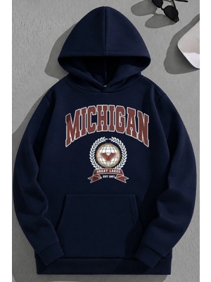 Kozz Style Unisex 3 Iplik Pamuklu Lacivert Michigan Baskı Bol Kalıp Sweatshirt Hoodie