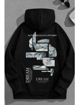 Kozz Style Unisex 3 Iplik Pamuklu Siyah Dream Özel Baskı Bol Kalıp Sweatshirt Hoodie