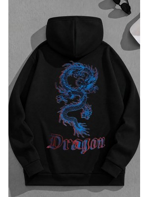 Kozz Style Unisex 3 Iplik Pamuklu Siyah Mavidragon Baskı Bol Kalıp Sweatshirt Hoodie