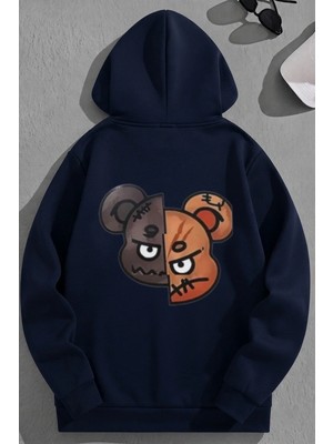 Kozz Style Unisex 3 Iplik Pamuklu Lacivert Caricaturesoffaces Bol Kalıp Sweatshirt Hoodie