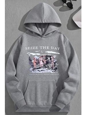 Kozz Style Unisex 3 Iplik Pamuklu Gri Seizetheday Baskı Bol Kalıp Sweatshirt Hoodie