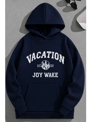 Kozz Style Unisex 3 Iplik Pamuklu Lacivert Vacation Baskı Bol Kalıp Sweatshirt Hoodie