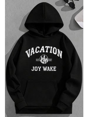 Kozz Style Unisex 3 Iplik Pamuklu Siyah Vacation Baskı Bol Kalıp Sweatshirt Hoodie