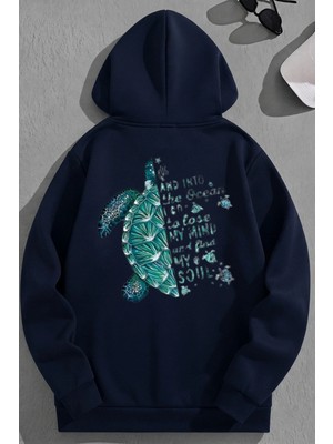 Kozz Style Unisex 3 Iplik Pamuklu Lacivert Caretta Baskı Bol Kalıp Sweatshirt Hoodie