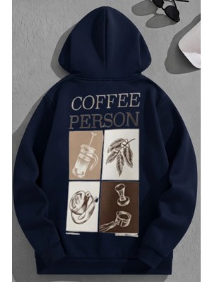 Kozz Style Unisex 3 Iplik Pamuklu Lacivert Coffeeperson Baskı Bol Kalıp Sweatshirt Hoodie
