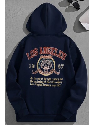 Kozz Style Unisex 3 Iplik Pamuklu Lacivert LOSANGELES1987 Baskı Bol Kalıp Sweatshirt Hoodie