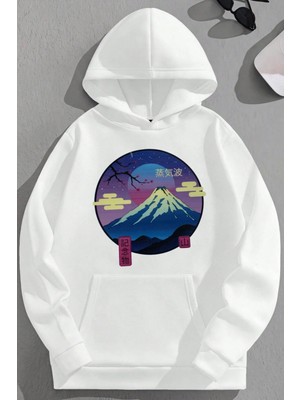 Kozz Style Unisex 3 Iplik Pamuklu Beyaz Sakura Baskı Bol Kalıp Sweatshirt Hoodie