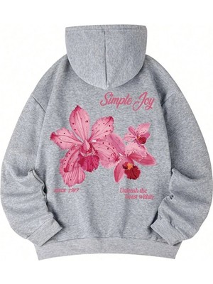 Kozz Style Unisex 3 Iplik Pamuklu Gri Simplejoy Baskı Bol Kalıp Sweatshirt Hoodie