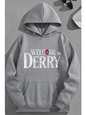 Kozz Style Unisex 3 Iplik Pamuklu Gri Welcometoderry Baskı Bol Kalıp Sweatshirt Hoodie