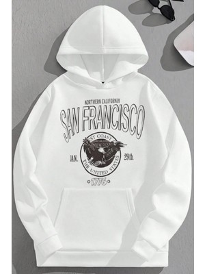 Kozz Style Unisex 3 Iplik Pamuklu Beyaz Sanfrancisco Baskı Bol Kalıp Sweatshirt Hoodie