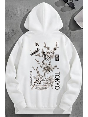 Kozz Style Unisex 3 Iplik Pamuklu Beyaz Tokyobird Baskı Bol Kalıp Sweatshirt Hoodie
