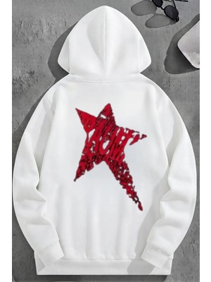 Kozz Style Unisex 3 Iplik Pamuklu Beyaz Redstar Baskı Bol Kalıp Sweatshirt Hoodie