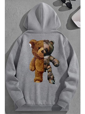 Kozz Style Unisex 3 Iplik Pamuklu Gri Robotbear Baskı Bol Kalıp Sweatshirt Hoodie