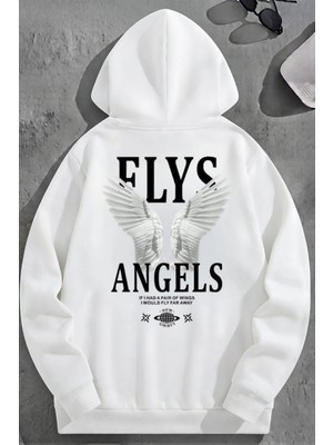 Kozz Style Unisex 3 Iplik Pamuklu Beyaz Flys Baskı Bol Kalıp Sweatshirt Hoodie
