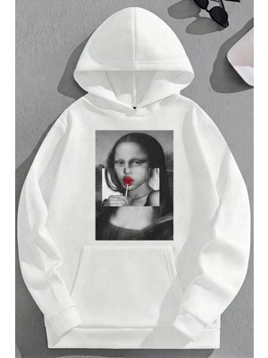 Kozz Style Unisex 3 Iplik Pamuklu Beyaz M0NALISA Baskı Bol Kalıp Sweatshirt Hoodie