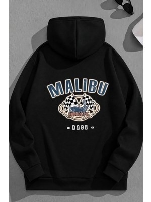 Kozz Style Unisex 3 Iplik Pamuklu Siyah Malibu Baskı Bol Kalıp Sweatshirt Hoodie