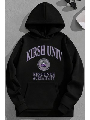 Kozz Style Unisex 3 Iplik Pamuklu Siyah Kırshunıv Baskı Bol Kalıp Sweatshirt Hoodie