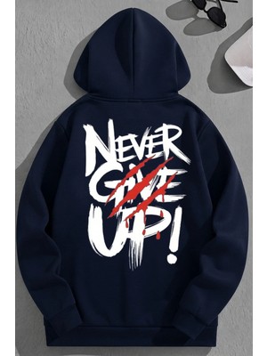 Kozz Style Unisex 3 Iplik Pamuklu Lacivert Nevergiveup Baskı Bol Kalıp Sweatshirt Hoodie