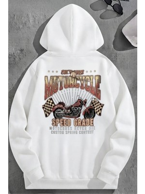 Kozz Style Unisex 3 Iplik Pamuklu Beyaz Motorcyclesg Baskı Bol Kalıp Sweatshirt Hoodie