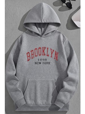 Kozz Style Unisex 3 Iplik Pamuklu Gri BROOKLYN1898NY Baskı Bol Kalıp Sweatshirt Hoodie