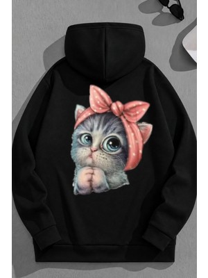Kozz Style Unisex 3 Iplik Pamuklu Siyah Minikkedi Baskı Bol Kalıp Sweatshirt Hoodie