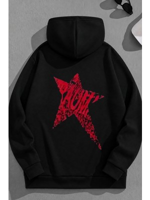Kozz Style Unisex 3 Iplik Pamuklu Siyah Redstar Baskı Bol Kalıp Sweatshirt Hoodie