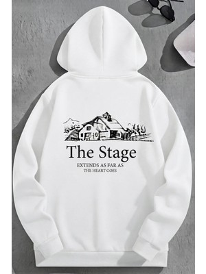 Kozz Style Unisex 3 Iplik Pamuklu Beyaz Bol Kalıp The Stage Baskı Sweatshirt Hoodie