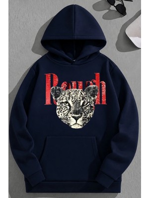 Kozz Style Unisex 3 Iplik Pamuklu Lacivert Ranch Baskı Bol Kalıp Sweatshirt Hoodie