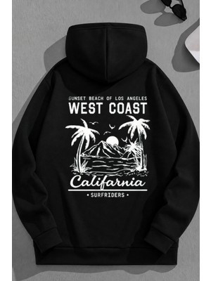 Kozz Style Unisex 3 Iplik Pamuklu Siyah Wcoast Baskı Bol Kalıp Sweatshirt Hoodie